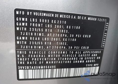 2022 Volkswagen Tiguan 2.0T Se из США, поврежденный, VIN 3VV2B7AX5NM056495
